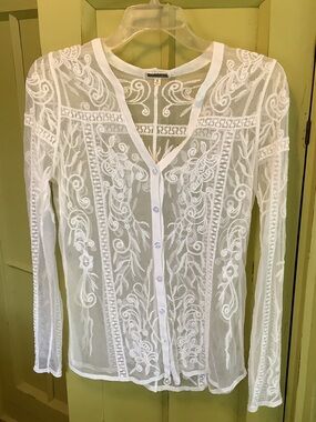 Sheer White Embroidered Button-Front Cardigan